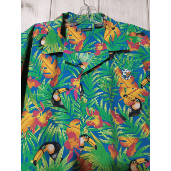 Blue Generation Shirt Men's Large Green Button Front Short Sleeve Tropical Birds - Picture 3 of 7